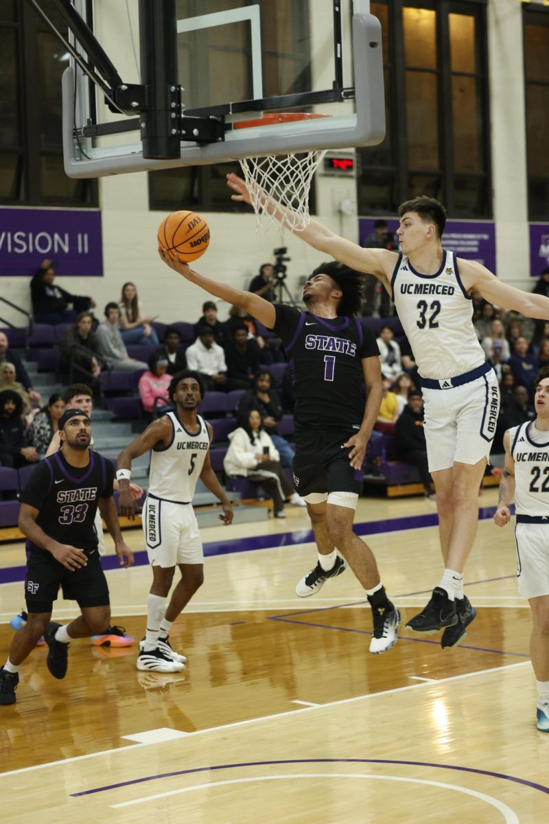 San Francisco State University’s sophomore guard Fed Pernell goes up for a heavily contested layup in a home game versus the University of California, Merced Bobcats on Thursday, Feb. 26, 2026. (Vanden Harris / Golden Gate Xpress)