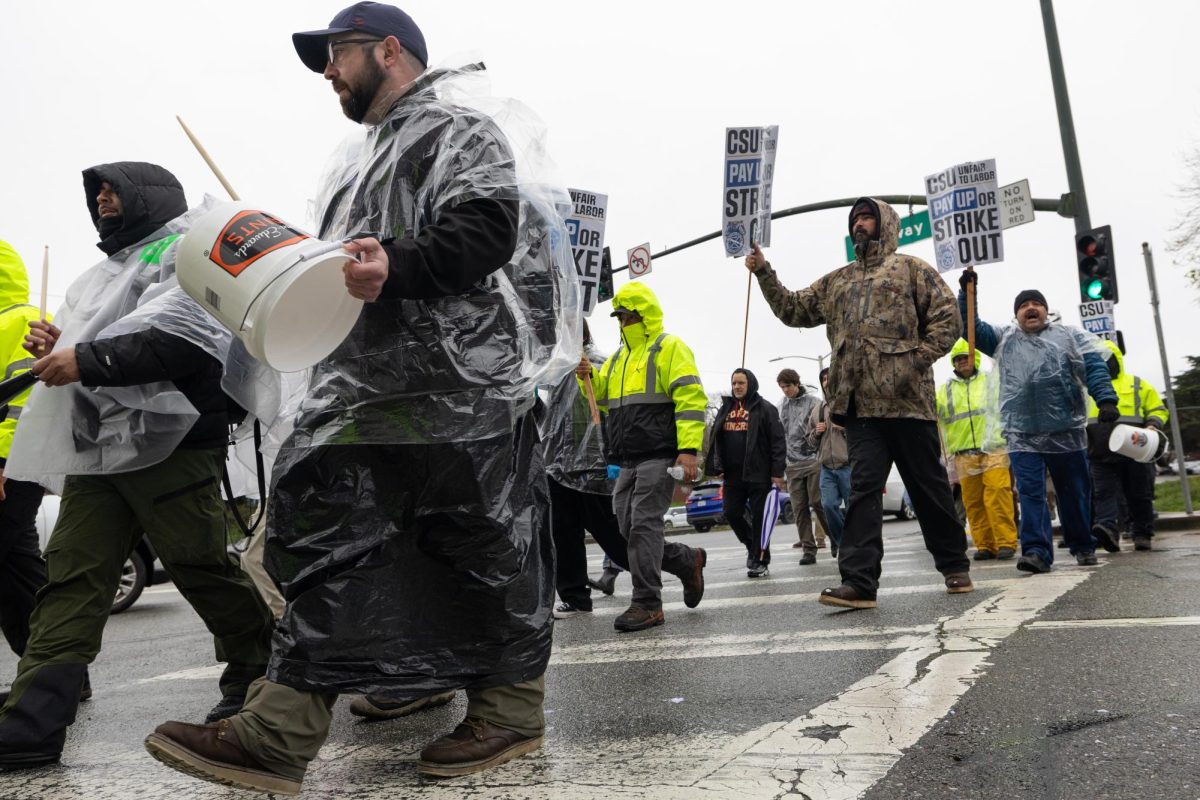 Striking workers with Teamsters Local 2010 cross Holloway Avenue demanding the California State University system comply with their former agreement to provide workers with additional compensation and step increases on Tuesday, Feb. 17, 2026. (Seamus Geoghegan / Golden Gate Xpress)