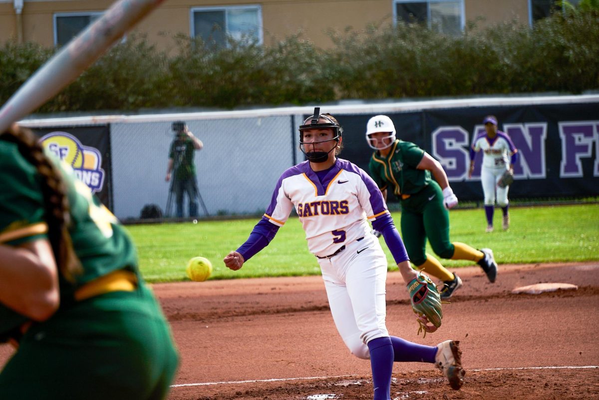 Kharime Caratachea pitches during a game against  California State Polytechnic University, Humboldt on Friday, March 13, 2026. (Lindsey Hoang / Golden Gate Xpress)