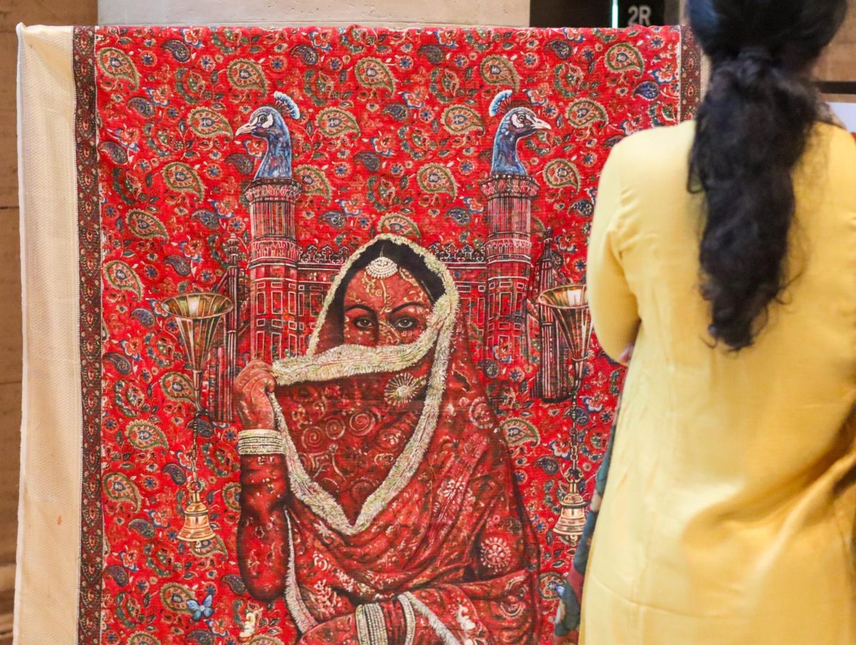 A Saree pattern titled “Silent Bridge” by artist Abhay Sehgal at the “Unstitched: A Celebration of the Saree” exhibit at the Asian Art Museum on March 29, 2026. (Eliza Arthur / Golden Gate Xpress)