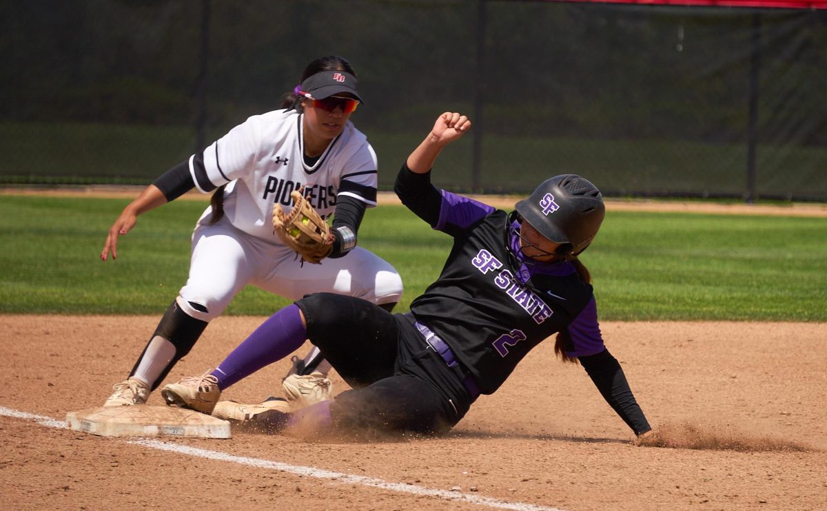 Anaissa Del Rio slides into third base during an away game against the California State University, East Bay Pioneers on Friday, April 24, 2026. (Lindsey Hoang / Golden Gate Xpress)
