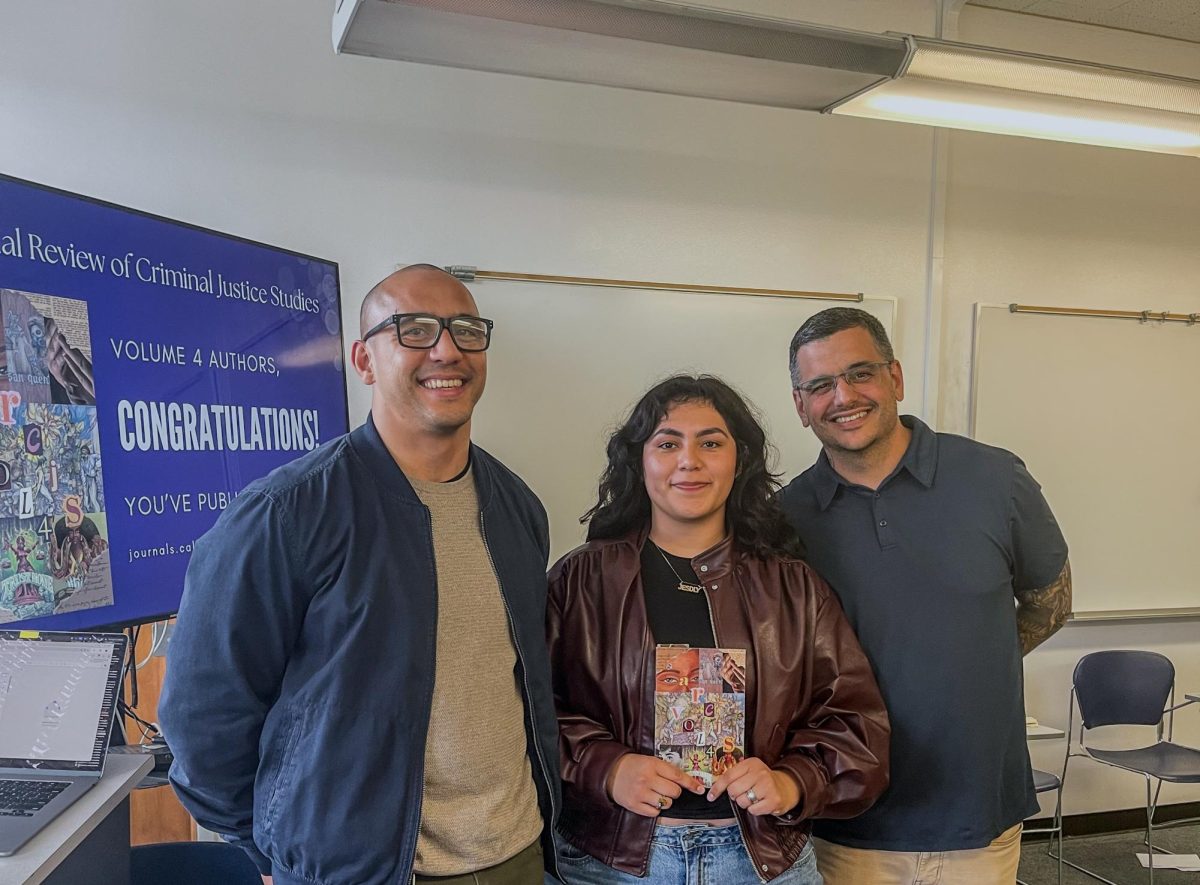 (L-R) Dr. Albert de la Tierra poses with student author Jesdly Ocampo and Gabriel Singer in HSS 358 on Tuesday, May 12, 2026. (Lauren Bronfeld / Golden Gate Xpress)
