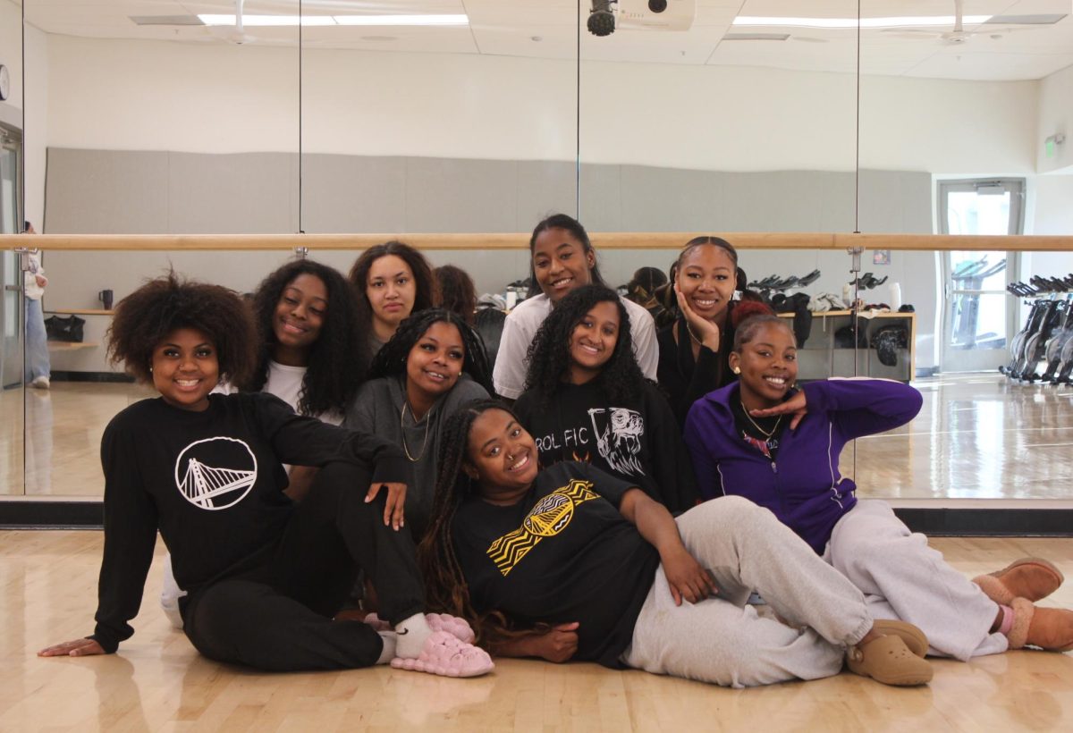 The Dancing Divas pose for a portrait after a morning practice in the Mashouf Wellness Center at San Francisco State University on Thursday, April 16, 2026. (Isabella Balzarano / Golden Gate Xpress)