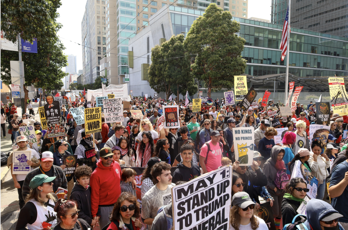 Boomers to Gen Alpha march in the thousands in support of workers, waving signs against ICE, the war in Iran, evictions and the Trump administration on Friday, May 1, 2026. (Josh Miranda / Golden Gate Xpress)  